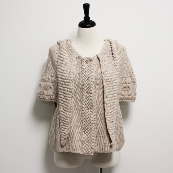 Far Away From Close Oatmeal Beige Knit Hooded Short Sleeve Snap Button Cardigan - Picture 2 of 9